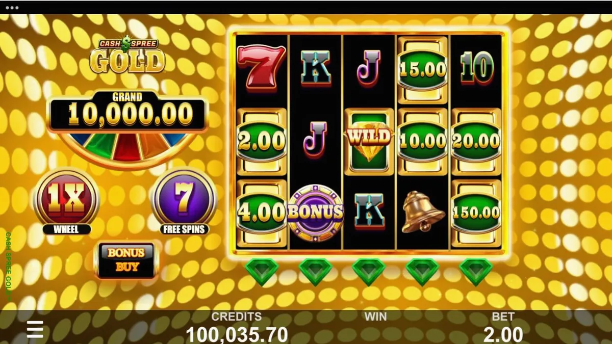 Isang marangyang slot machine na may temang ginto at hiyas sa isang mobile screen.