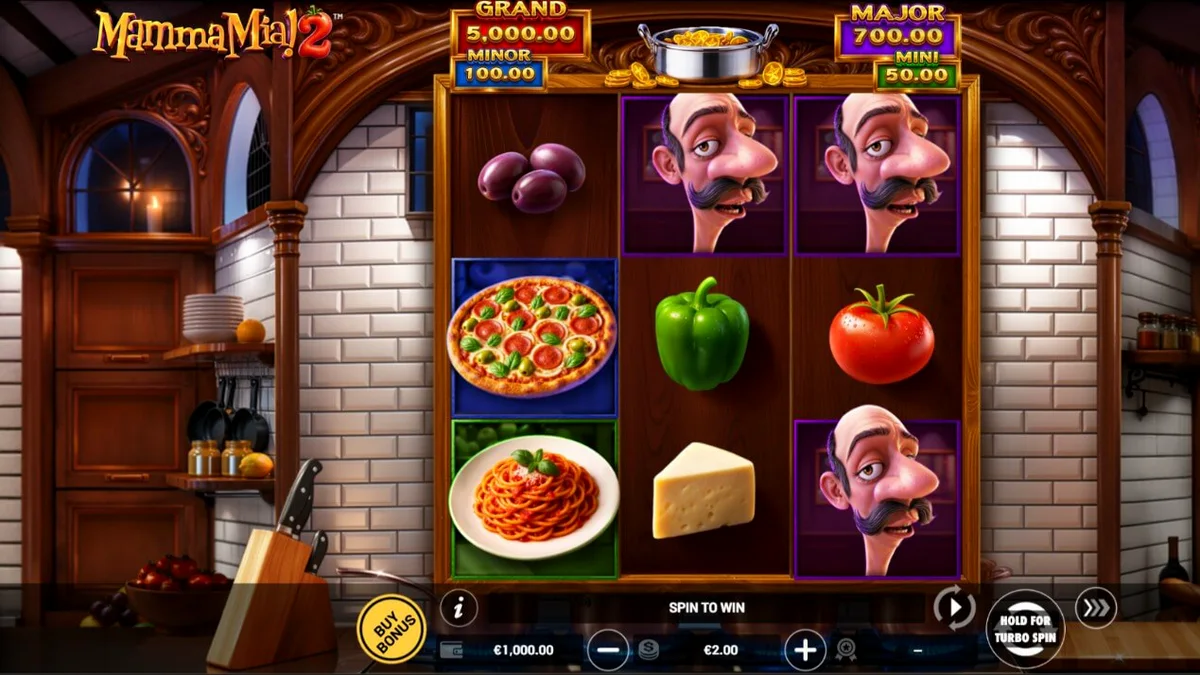 Mamma Mia 2 slot machine interface na may temang Italian kitchen.